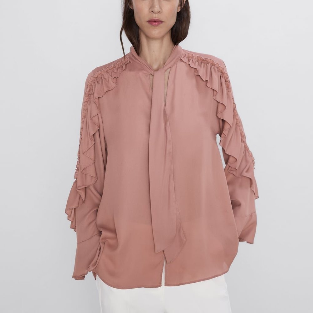 Zara L Tie Neck Ruffled Flowy Blouse